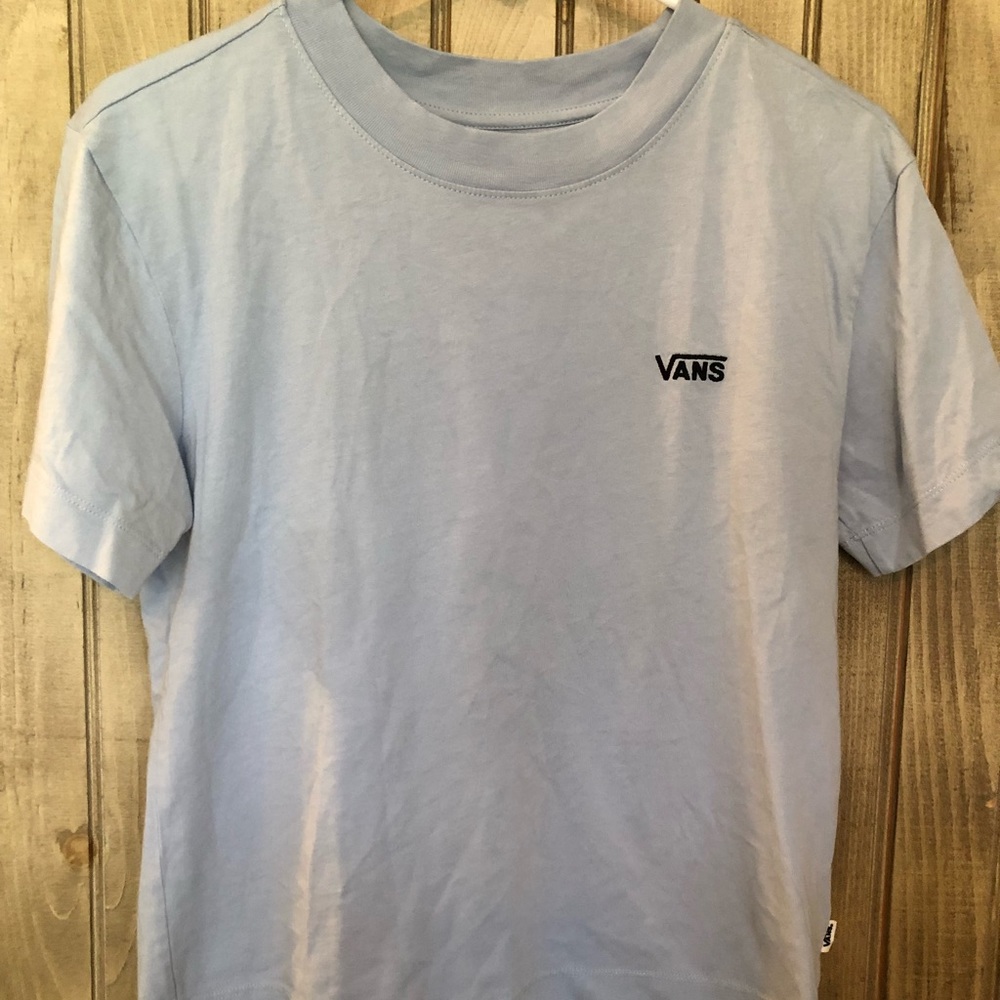 Light blue vans t-shirt. Square cut with a bit of a boat neck. Size is AS.